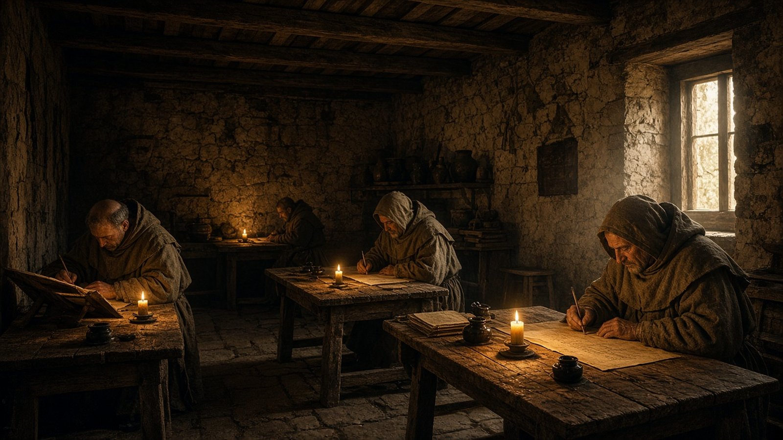 Candlelit early medieval scriptorium at Kells: monks at work by lamplight, campaign art