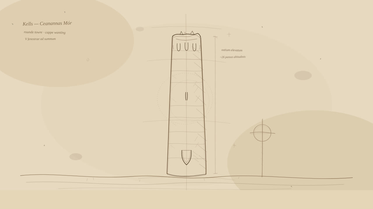Leonardo soft-notebook sketch of the Kells Round Tower uncapped, with High Cross study lines — campaign art, not manuscript facsimile