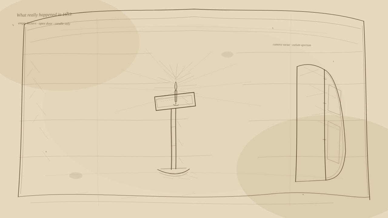 Wooden lectern lit by a shaft of sunlight in a dark stone chamber