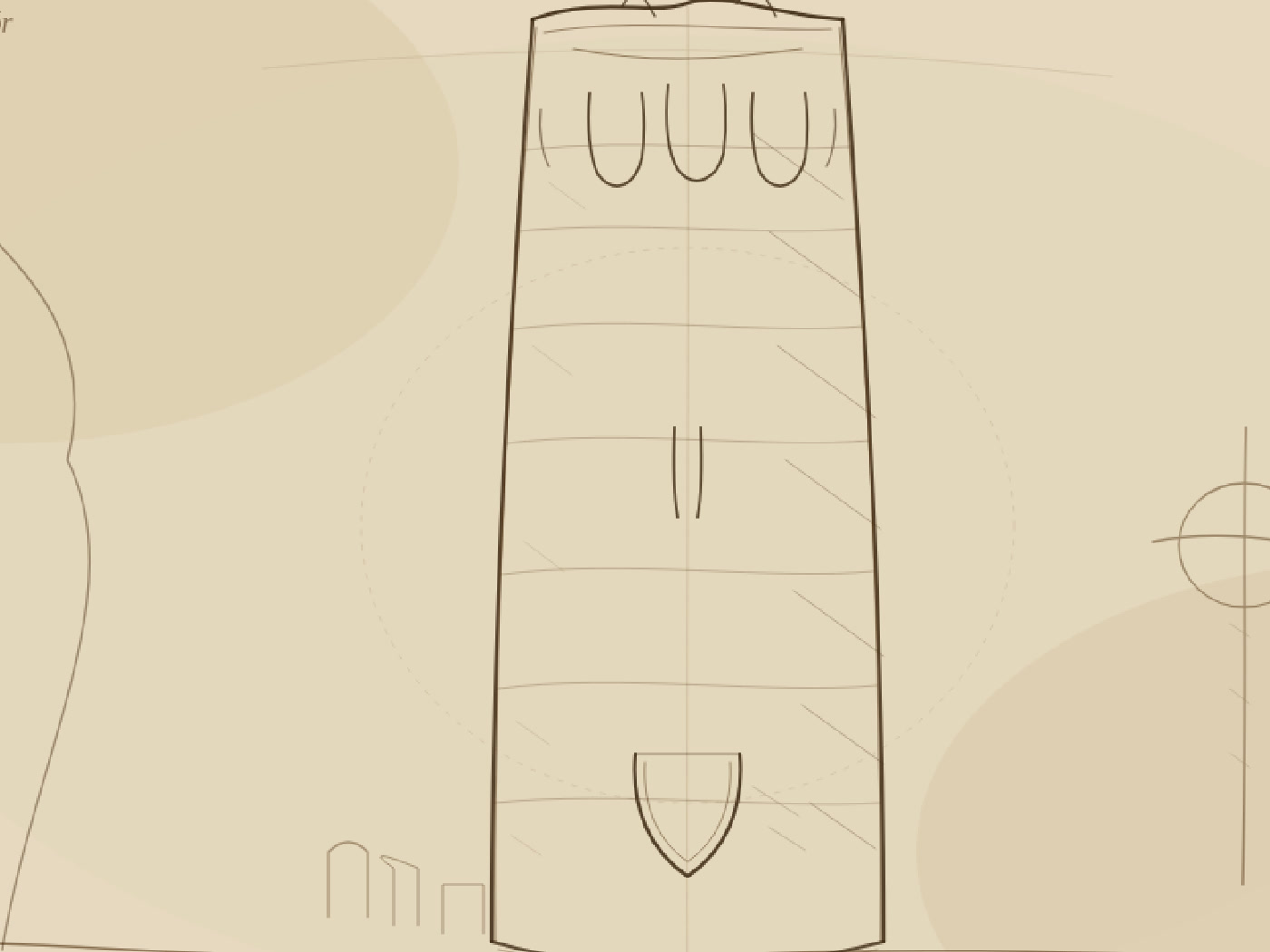 Leonardo-style notebook study of Kells Round Tower — flat open rim, no conical cap