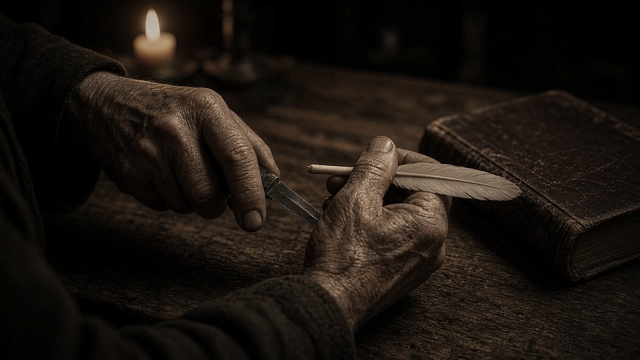 Illustration: a monk's hands cutting a quill by candlelight, closed book beside him.