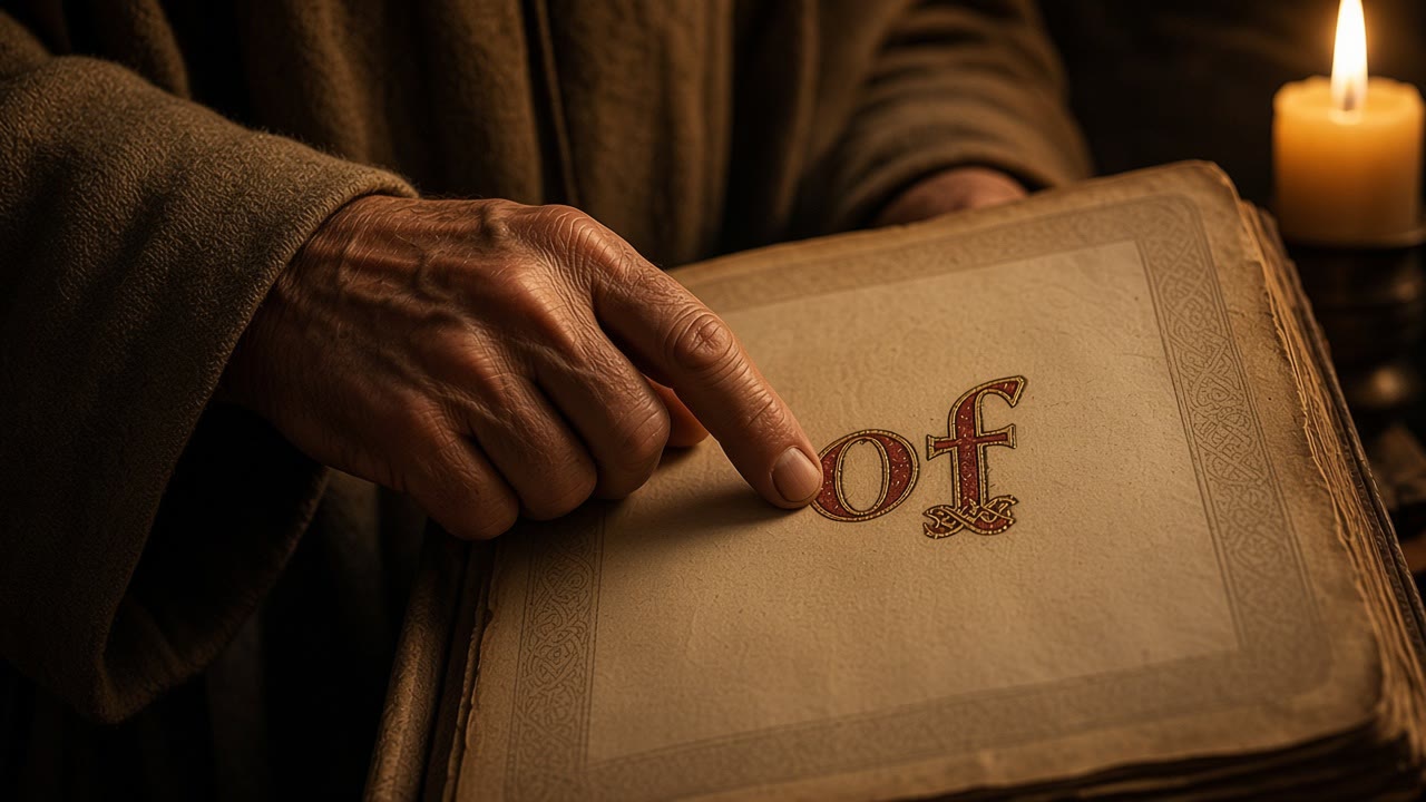 Campaign art: an old monk's hand pointing to a red and gold "of" on a blank vellum page, a candle at right (illustration).