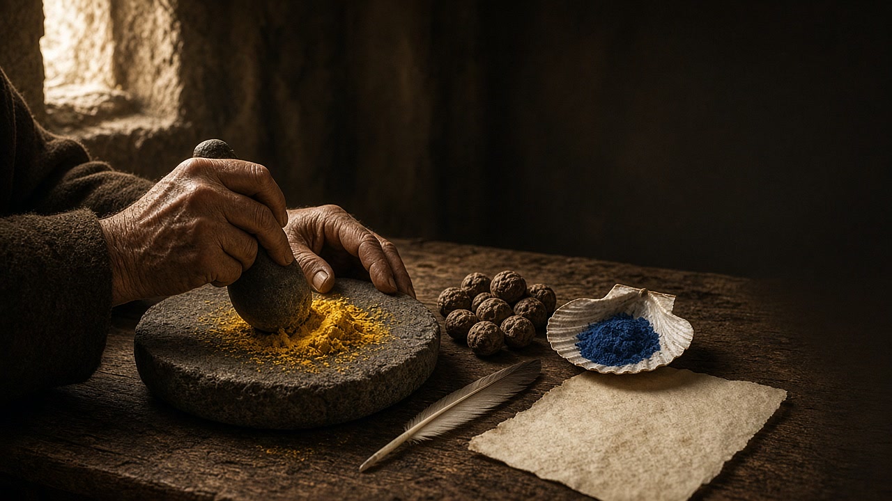 Campaign art: an old monk's weathered hands grinding yellow pigment on a flat stone beside oak galls, a scallop shell of blue pigment, a quill and pale vellum, lit by a window (illustration, not a historical photograph).