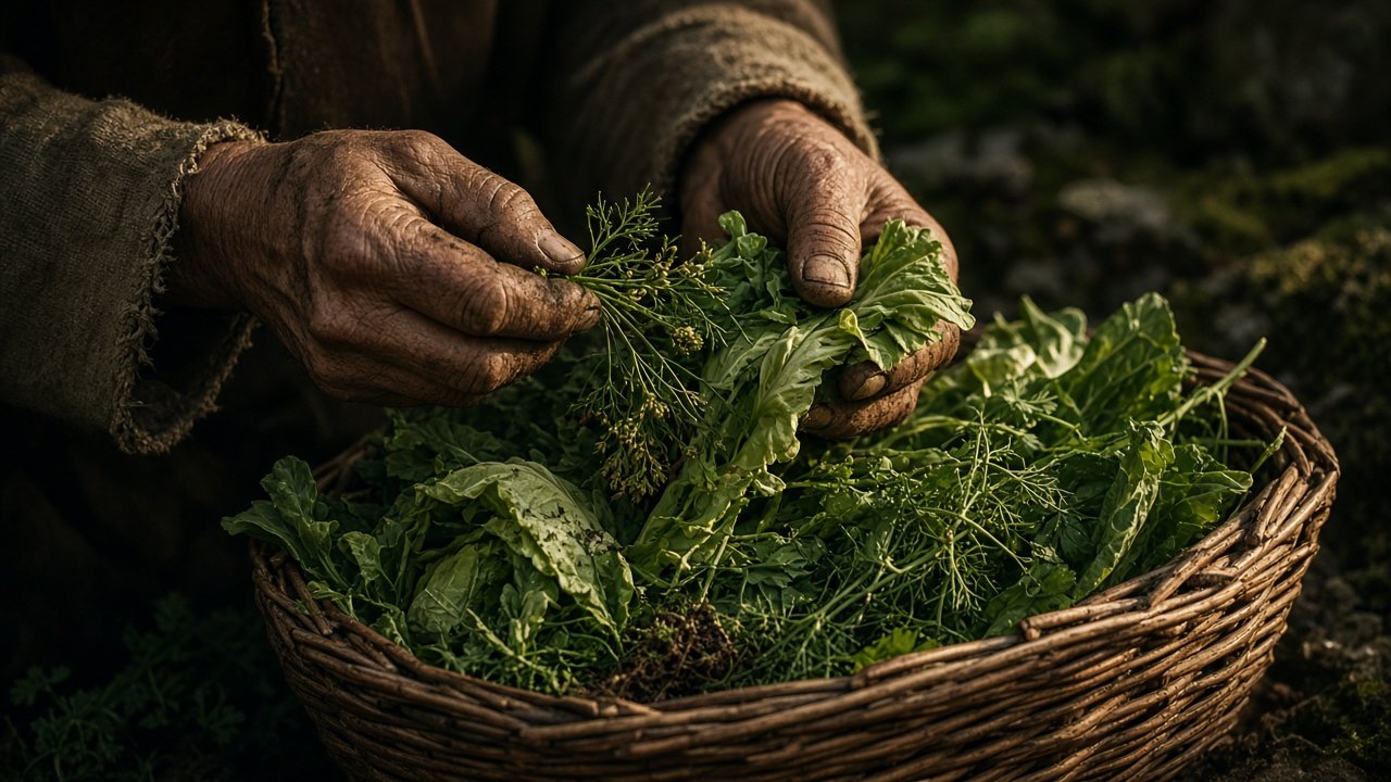 Campaign art: an old monk's weathered hands gathering green herbs into a wicker basket (illustration).