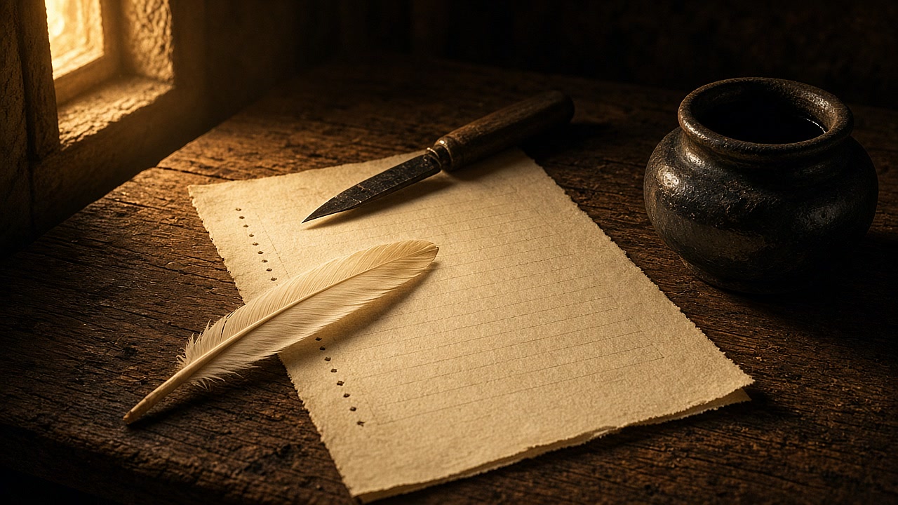 Campaign art: scribe's desk with quill mid-cut, knife, and ruled vellum with prick marks (illustration).
