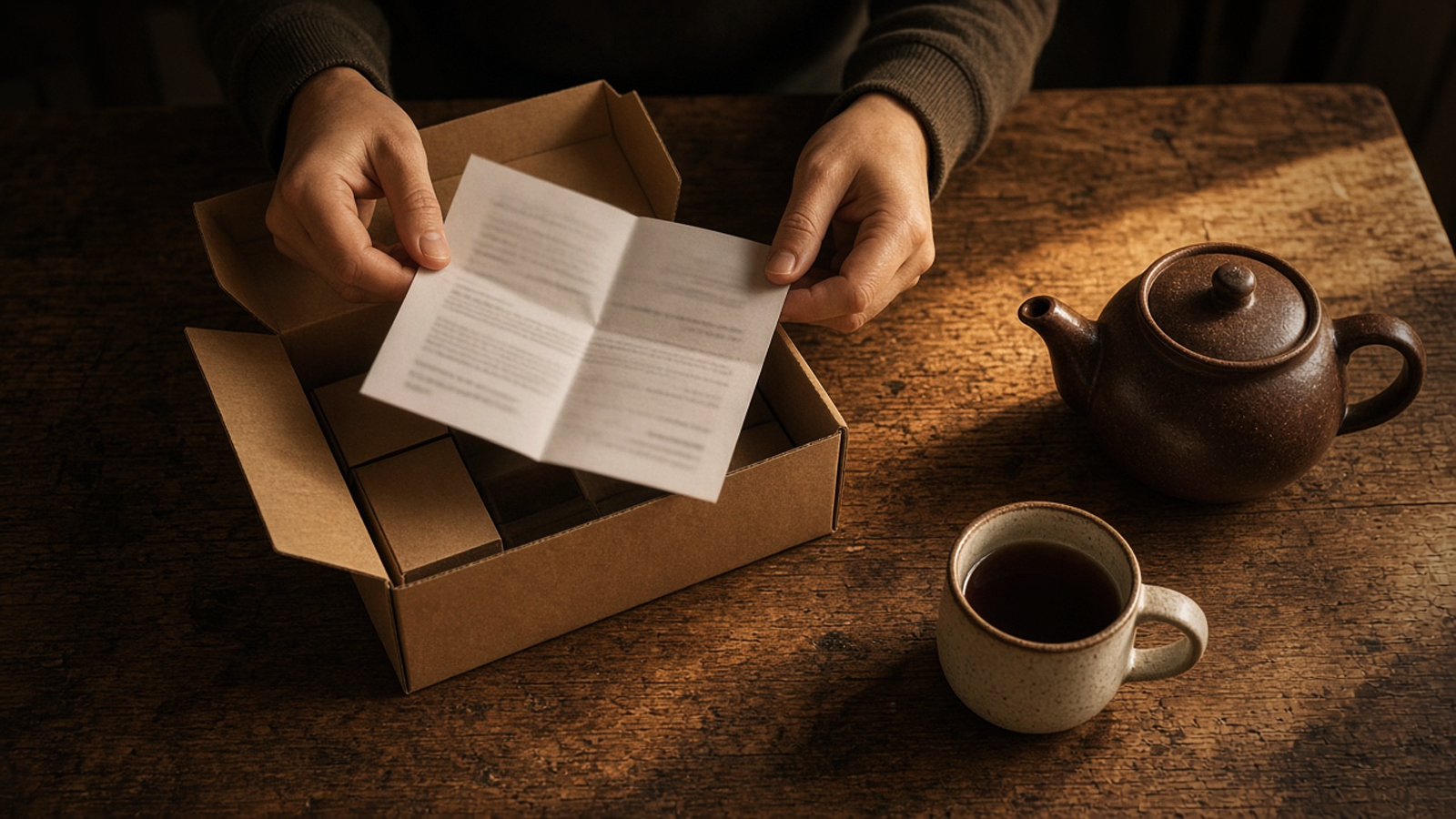 Illustration: hands holding a folded printout with blurred, unreadable writing over an open cardboard kit box on a farmhouse kitchen table, beside a brown teapot and a mug of tea; warm sepia tones