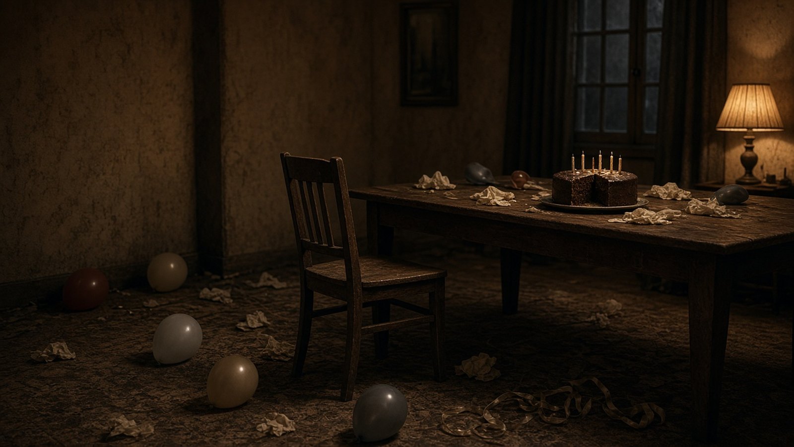 Illustration: an empty wooden chair pulled back from a table in a dim room after a party, with a lit cake, a lamp, scattered streamers and deflated balloons on the floor; warm sepia tones