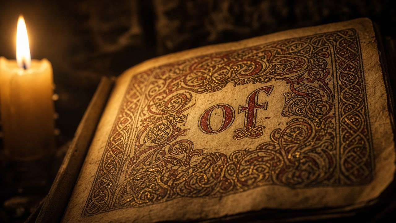 Campaign art: a candlelit illuminated manuscript page with the word "of" in red and gold, framed by gold knotwork, a candle at left (illustration, not a manuscript folio).