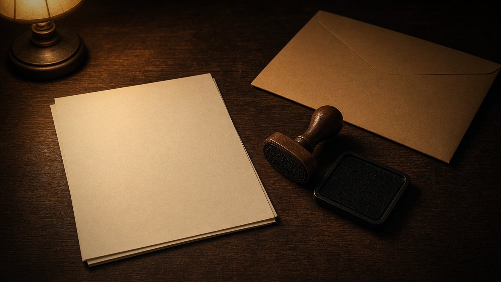 Illustration: a blank paper form face-down on a wooden desk beside a rubber stamp on its side and a closed manila envelope in warm low light; warm sepia tones