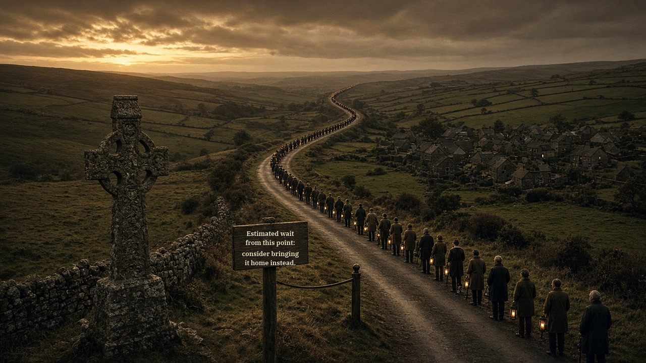 Campaign satire art: a lantern-lit queue stretching across the Meath countryside to a stone High Cross outside Kells, beside a sign reading 'Estimated wait from this point: consider bringing it home instead' (illustration).