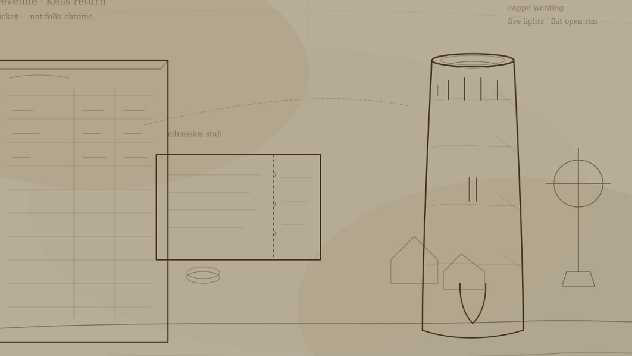 Campaign illustration: ledger and ticket stub beside the uncapped Kells Round Tower — revenue and town, not a forged manuscript folio