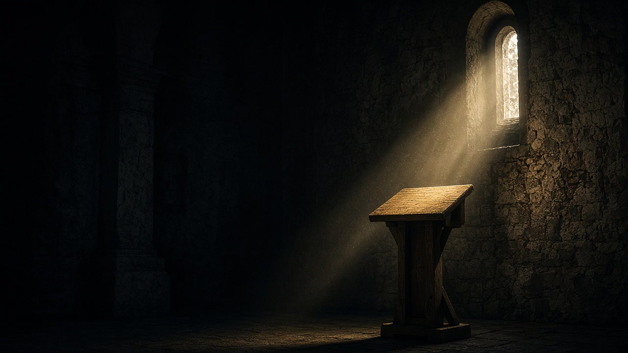Campaign art: an empty wooden lectern in a dim stone church, lit by a single shaft of warm light where a great book once rested (illustration).