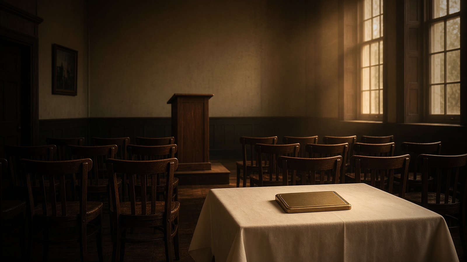 Illustration: an empty function room with rows of wooden chairs, an unattended lectern and a blank brass plaque on a cloth-covered table in warm window light; warm sepia tones