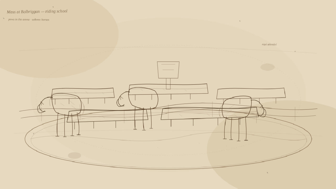 Saddled horses behind church pews and a candlelit altar in a dirt-floored riding arena at dusk