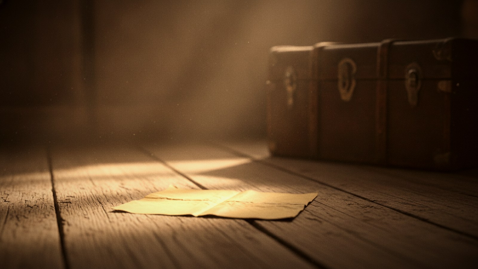 Photo-style illustration: an old yellowed folded paper slip on dusty attic floorboards, lit by a shaft of window light, with an old trunk in the background; warm sepia tones