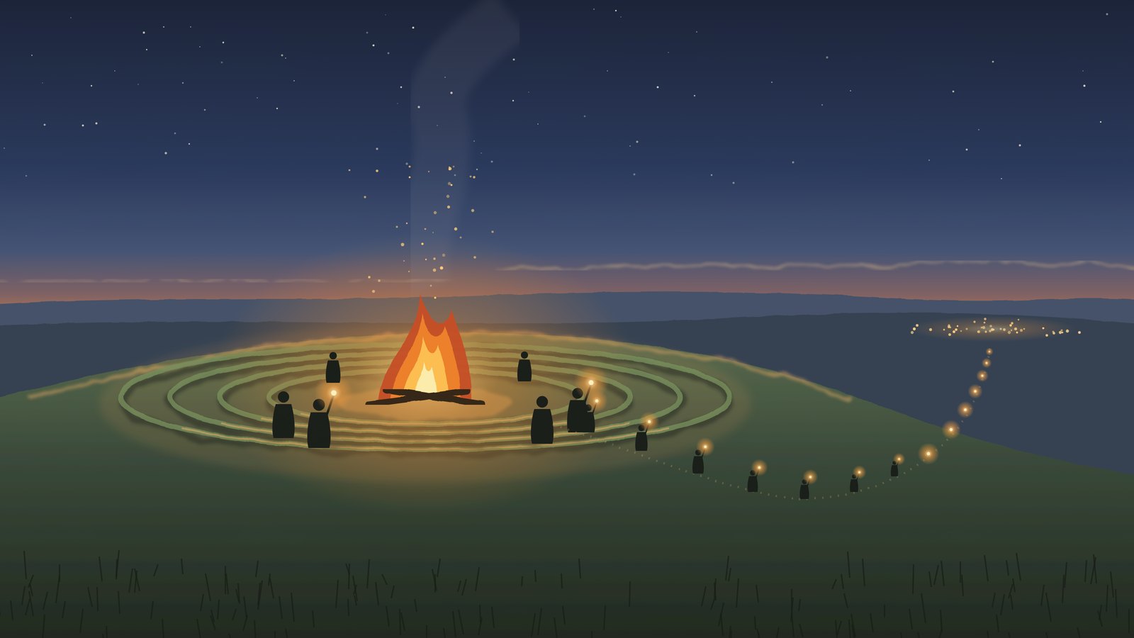 Campaign illustration: dusk over the four ring-banks of a hilltop earthwork in Meath, with a bonfire at the centre, small silhouetted figures seen from behind, and a line of torch-lights winding down toward the distant lights of a town (illustration, not a photograph).