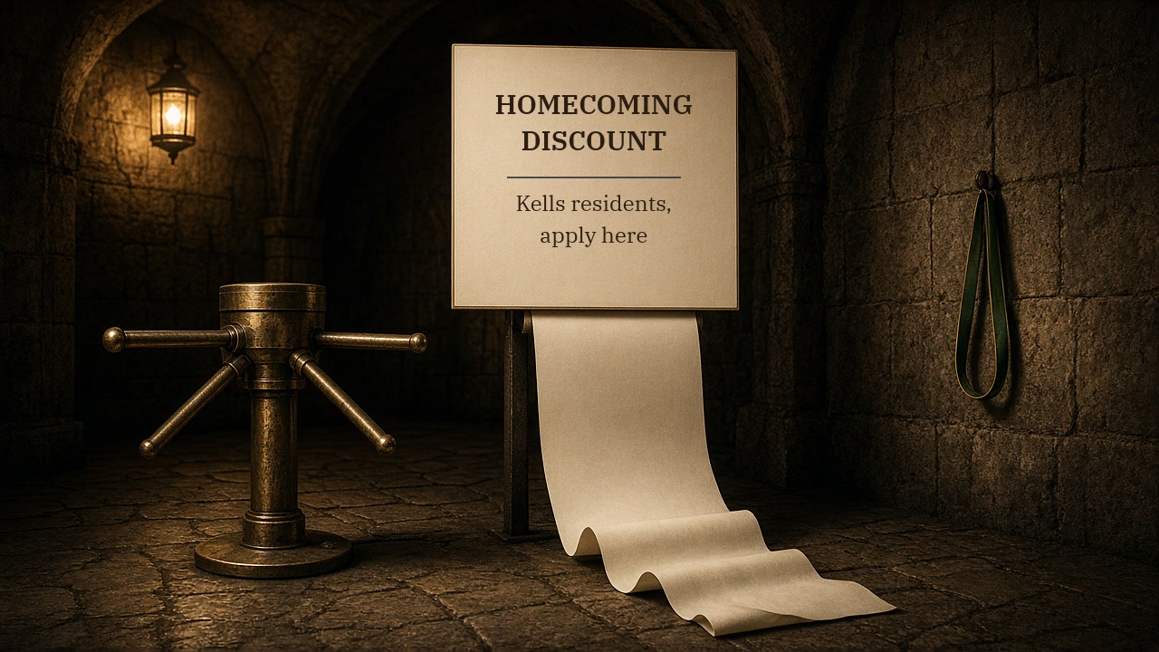 Campaign satire art: an old turnstile beside a sign reading 'Homecoming Discount: Kells residents, apply here', with a long blank paper scroll trailing onto the floor and a green-and-gold lanyard on a hook (illustration).