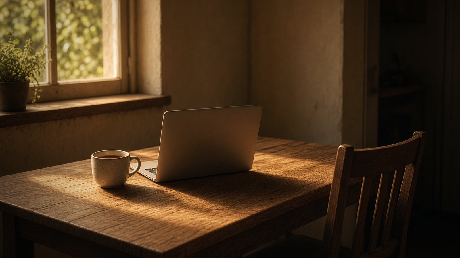 Illustration: an open laptop facing away on a kitchen table with a soft glowing screen, a mug of tea and a chair pushed back in late warm light; warm sepia tones