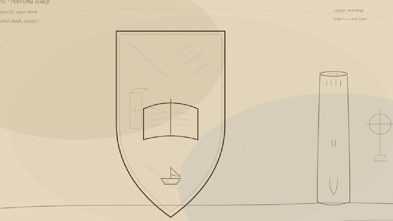 Leonardo soft-notebook still life: Trinity shield with a non-specific open book and ship motif, uncapped Kells Round Tower at the margin — campaign art, not a documentary photograph