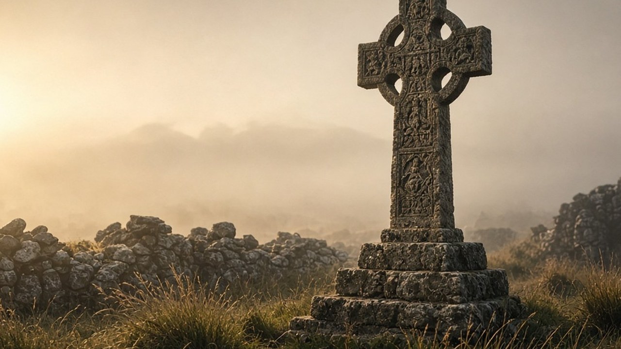 Campaign art: a carved stone high cross in morning mist beside an old stone wall in the monastic landscape of Kells, Co. Meath (illustration).