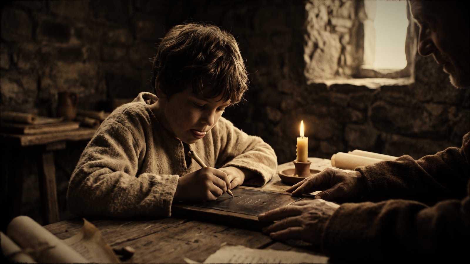 Illustration of a young boy in a plain wool tunic at a wooden desk in a candlelit stone scriptorium, tongue out in concentration as he writes with a stylus on a wax tablet, while an older monk's hands steady it; warm sepia tones
