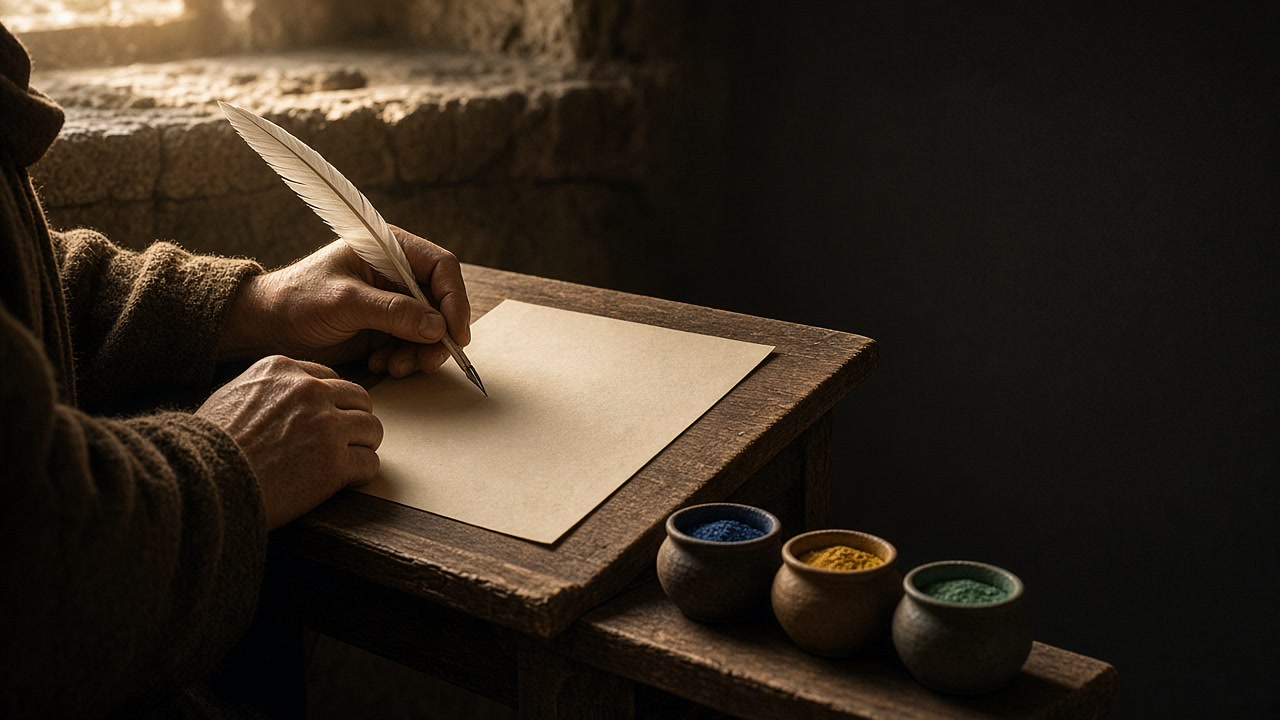 Campaign art: a scribe's hands hold a quill above blank vellum on a wooden desk beside small pots of blue, yellow and green pigment (illustration).