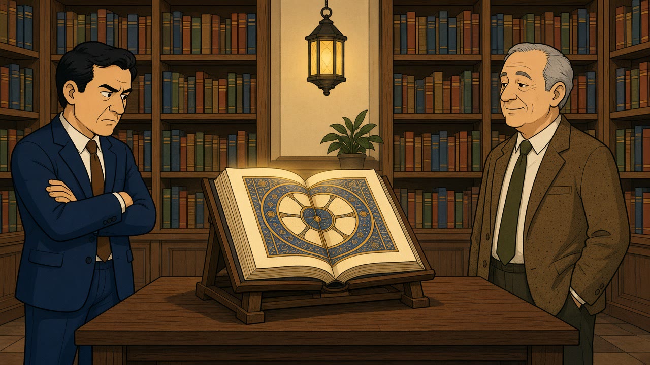 Cartoon of two men and an open manuscript in a library. Illustration, not a real person.