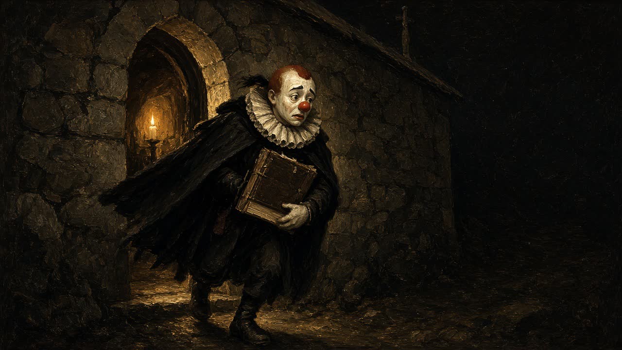 A clown in a scholar’s cloak leaving a stone church at night with a closed book. Campaign illustration, not a real person.